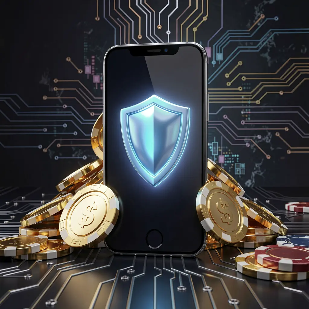 TK668 secure mobile casino app concept showing a smartphone with a glowing shield icon surrounded by golden coins and chips against a dark luxury cyber background in a realistic 3D render