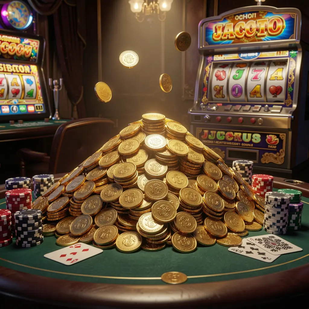 TK668 online casino jackpot bonus scene featuring a massive pile of golden coins, a slot machine in the background with glowing jackpot lights, poker chips and playing cards on a luxury table under dramatic cinematic lighting