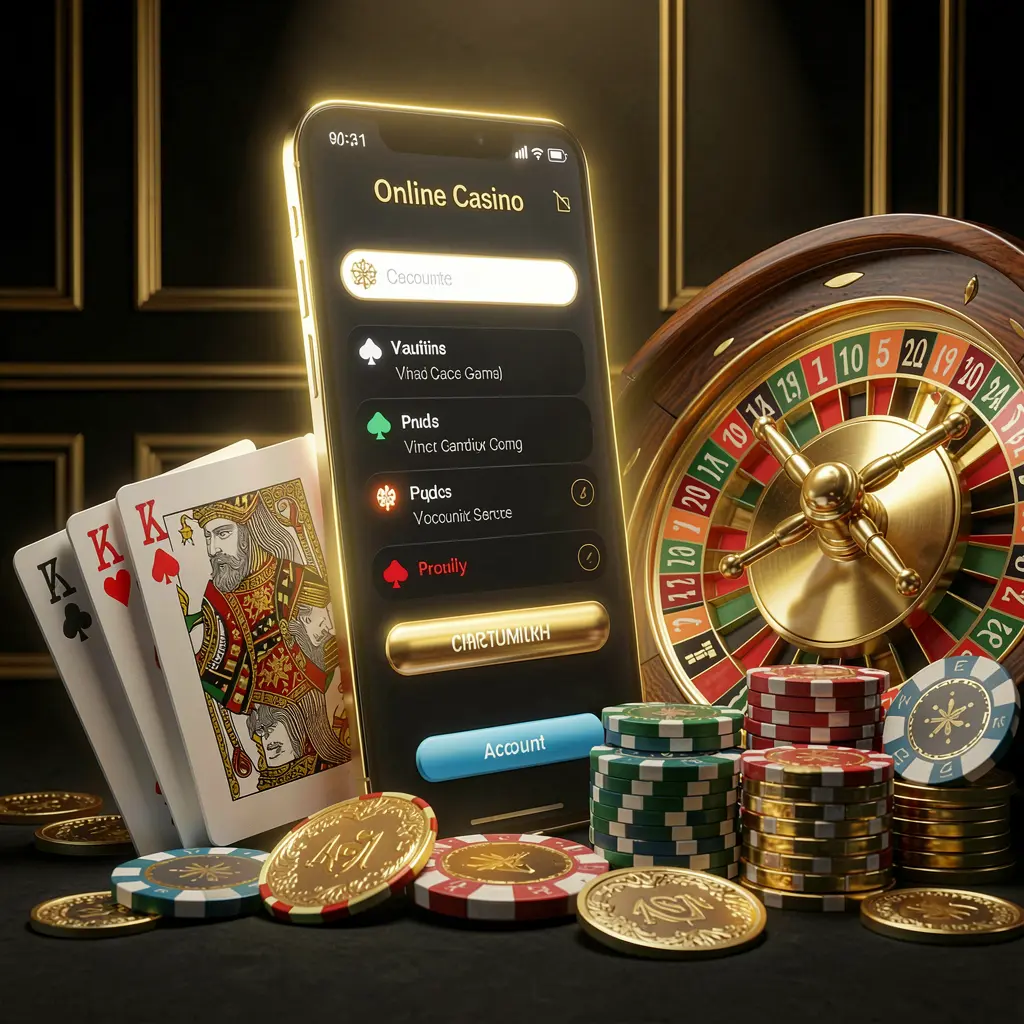 Realistic 3D render of an online casino account portal on a glowing smartphone with premium cards, chips, roulette wheel, and coins against a black and gold background, featuring cinematic lighting and the TK668 brand