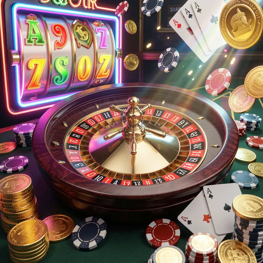 TK668 casino homepage visual featuring a realistic 3D render of a roulette wheel, poker chips, cards, golden coins, and jackpot lights with bright neon glow in a dynamic composition