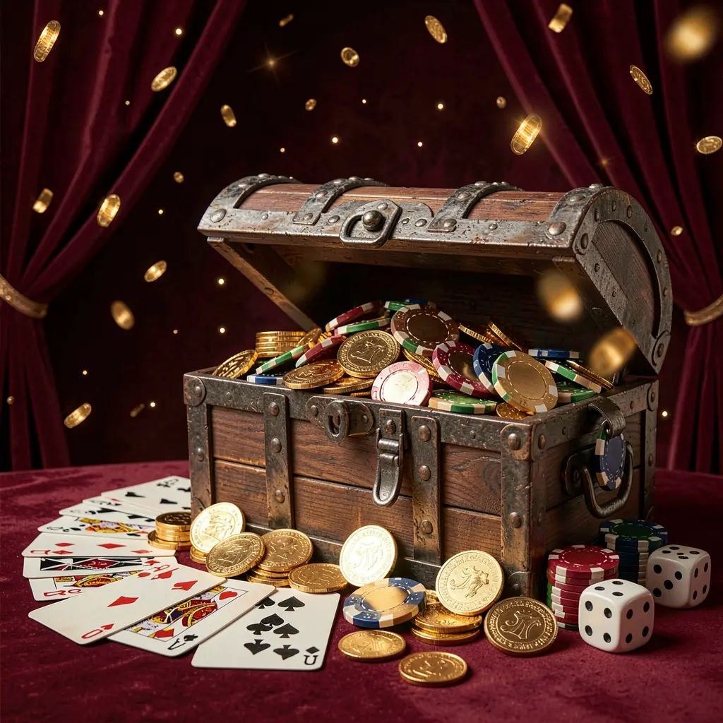 TK668 online casino welcome banner featuring a treasure chest filled with golden coins and casino chips, playing cards and dice nearby against a dark luxury background creating a festive premium atmosphere